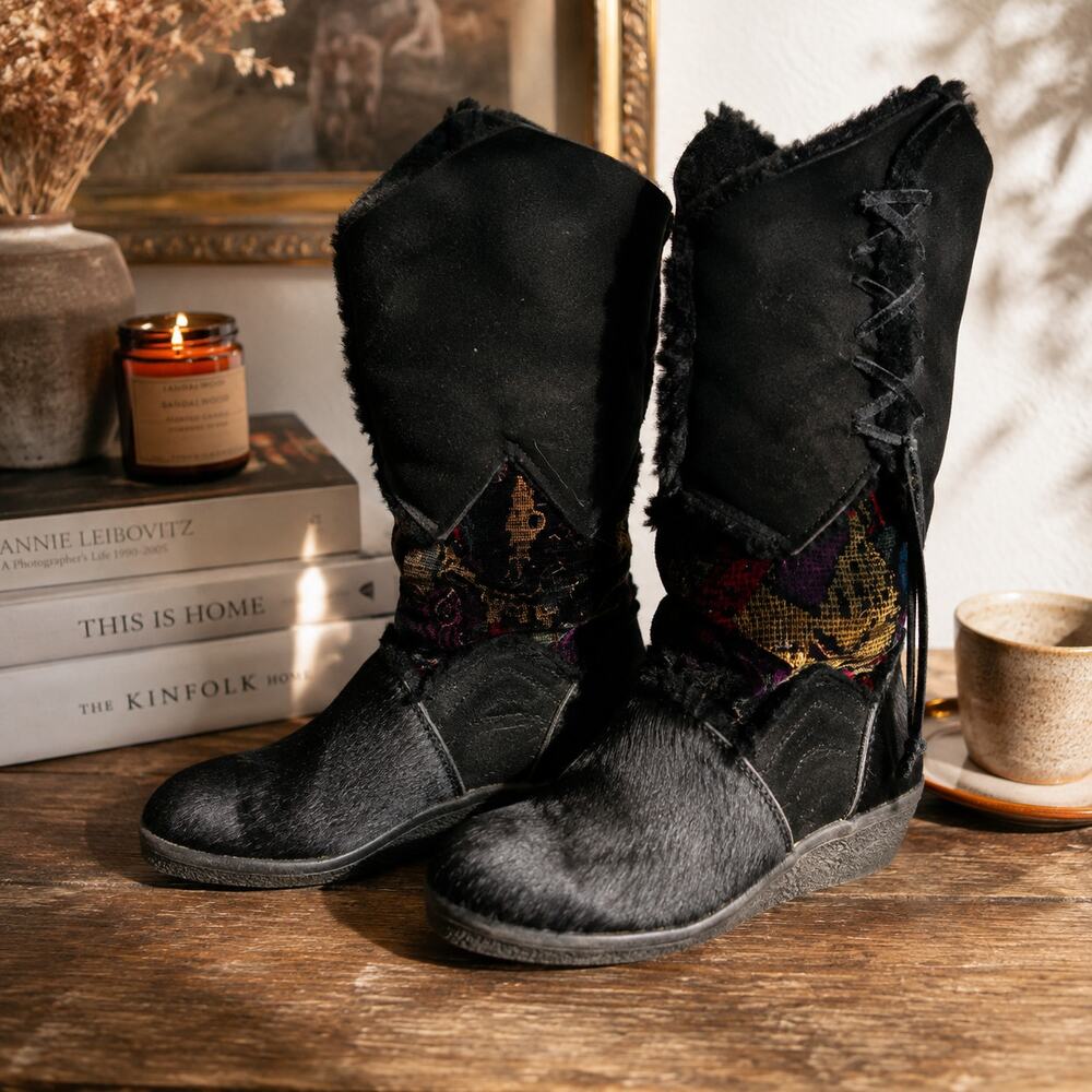 Tecnica Italy Black Hair On Hide Suede Après Ski Boots EU 37 Women 6-6.5